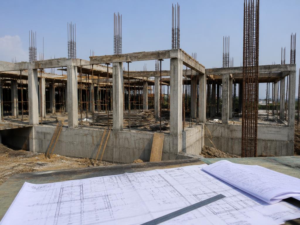 Estrutura de concreto armado em construção com pranchas de projeto estrutural em primeiro plano