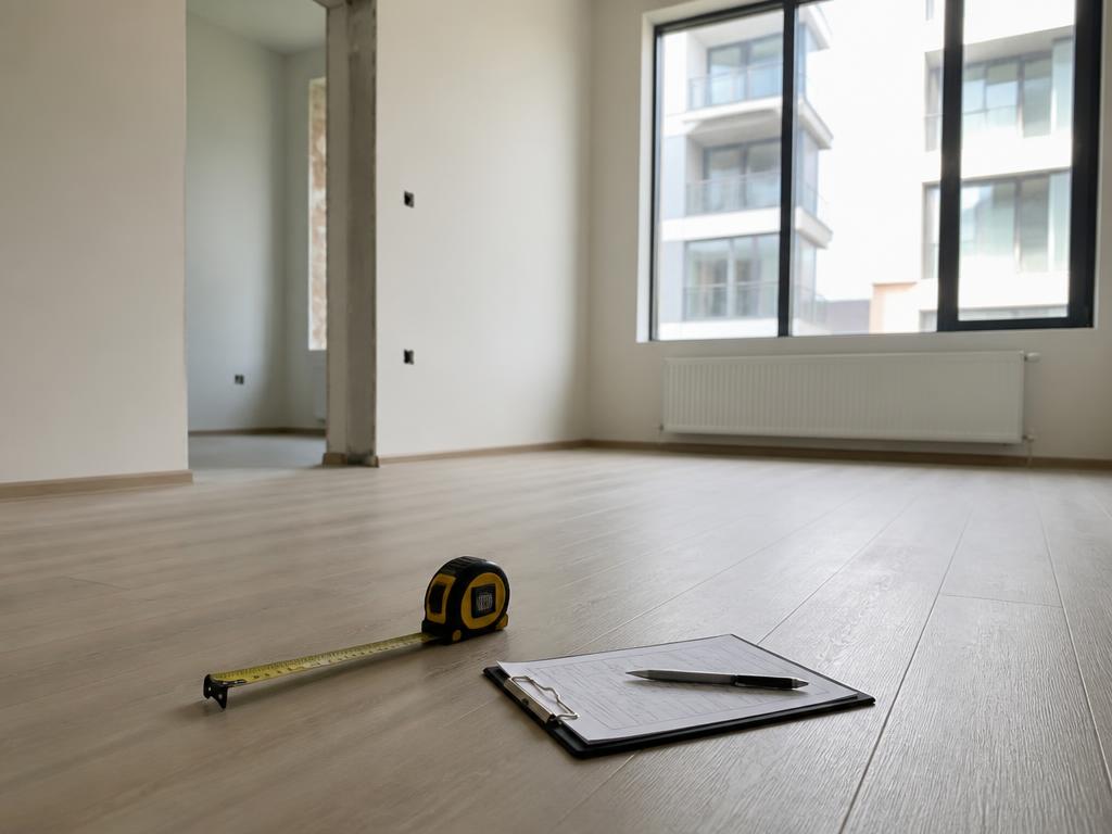 Apartamento novo vazio pronto para vistoria de entrega, com trena e prancheta de inspeção